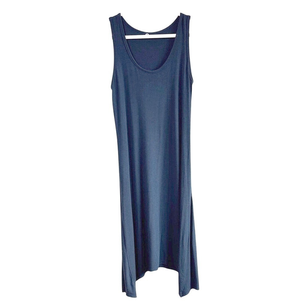 Margaret O'Leary Tank Dress Navy Blue Womens‎ Medium Sharkbite Hem Knit Midi